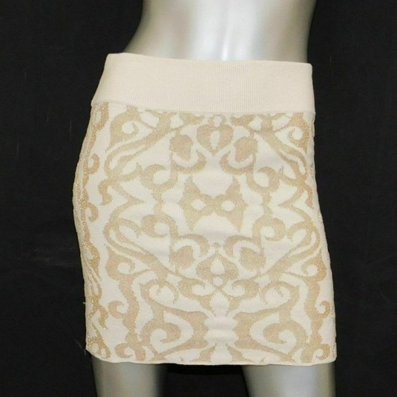ECOTE BEIGE/GOLD STRETCH PENCIL SKIRT SMALL-EUC - Picture 1 of 4